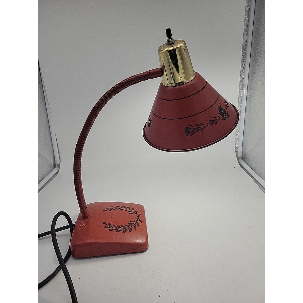 Vtg 1950s Gooseneck Lamp Toleware Red Orange Mid-Century Metal Desk Table Black